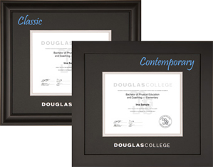 Satin black hardwood diploma frames with silver embossed logo.